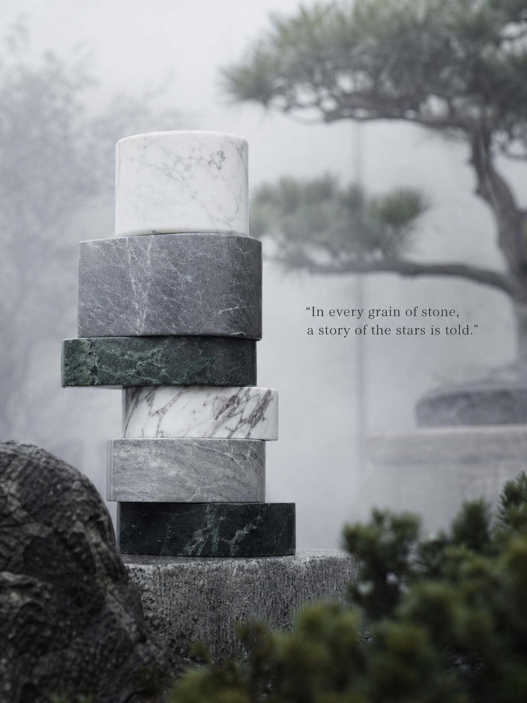 Stacked marble blocks in morning mist, Japanese garden