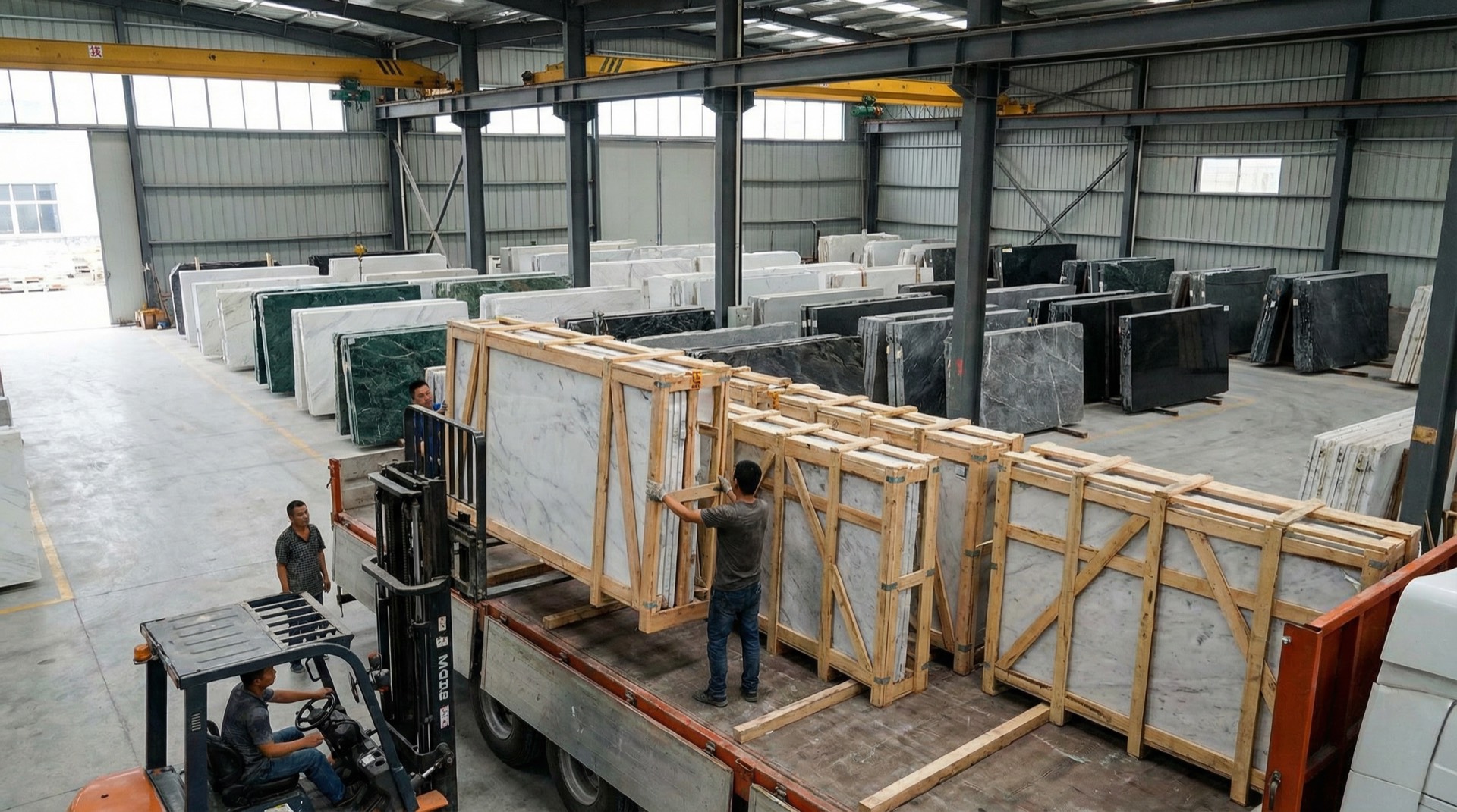 Marble slabs crated for transport