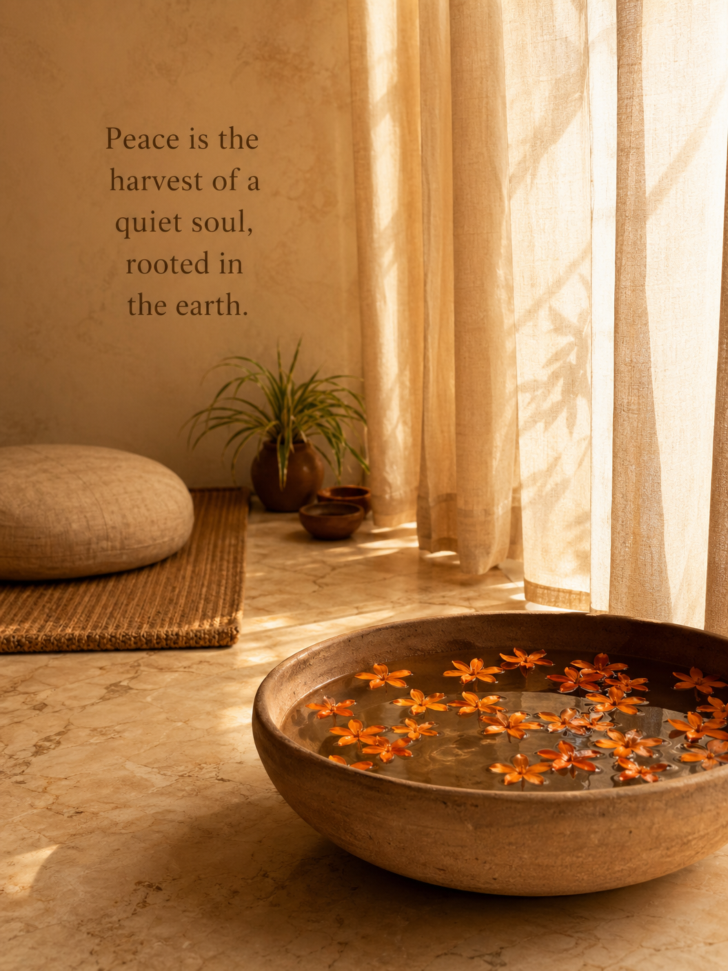 Marble floor, ceramic bowl with floating flowers, golden light