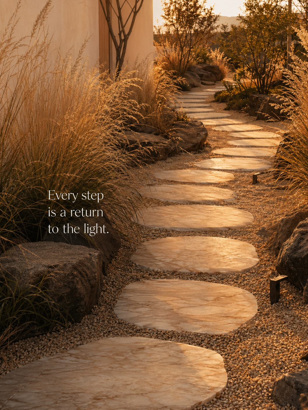 Stone path through golden grass at sunset